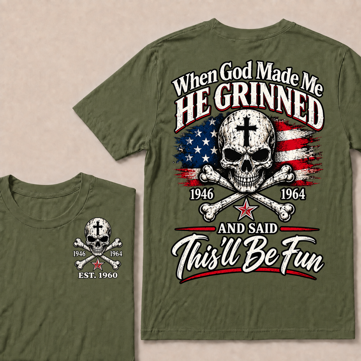Custom EST Year When God Made Me He Grinned And Said This'll Be Fun 1946-1964 Boomer Skull American Flag T-Shirt