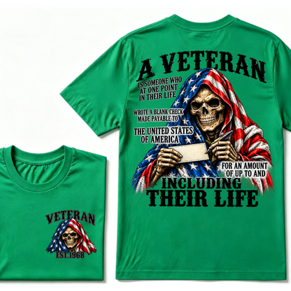 A Veteran Is Someone Who Wrote A Blank Check To America Skull US Flag EST.Year T-Shirt, Veteran Memorial Gift Tee