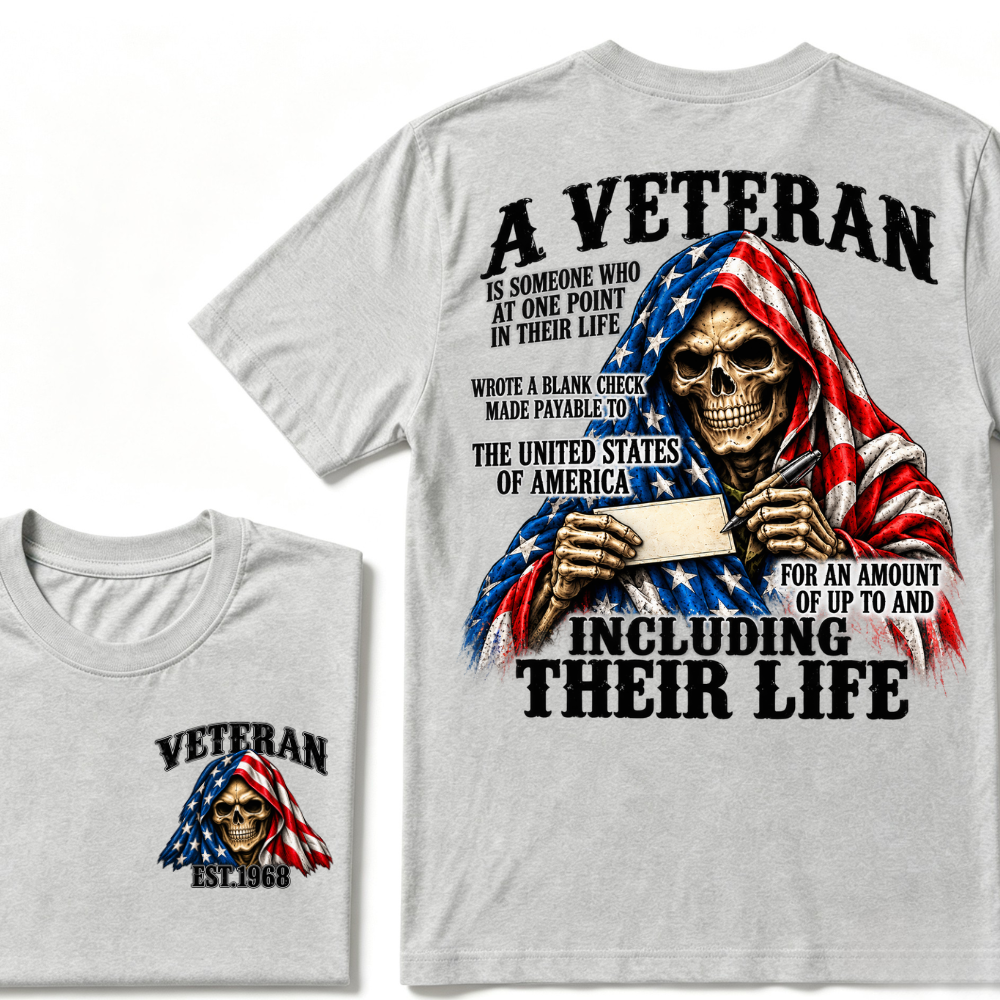 A Veteran Is Someone Who Wrote A Blank Check To America Skull US Flag EST.Year T-Shirt, Veteran Memorial Gift Tee
