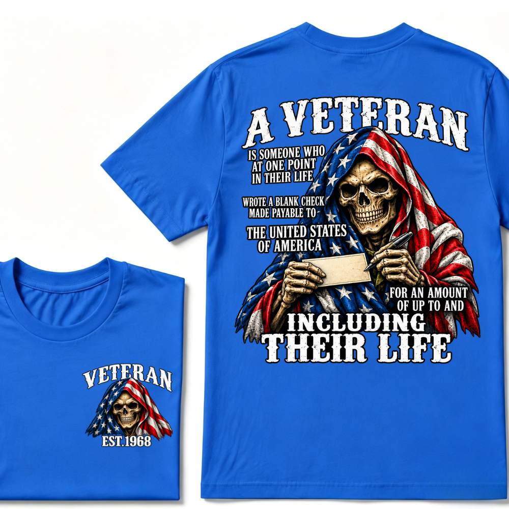 A Veteran Is Someone Who Wrote A Blank Check To America Skull US Flag EST.Year T-Shirt, Veteran Memorial Gift Tee