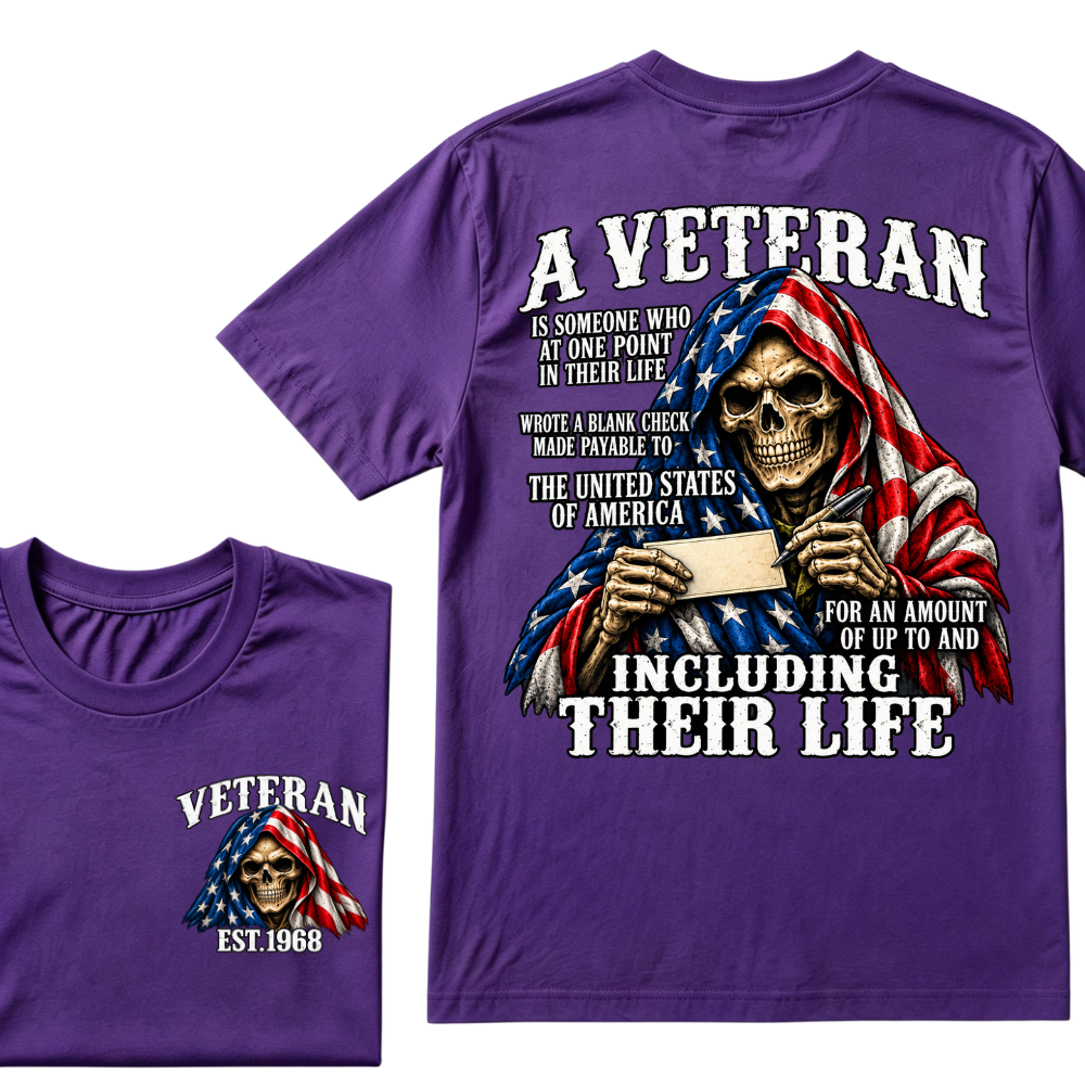 A Veteran Is Someone Who Wrote A Blank Check To America Skull US Flag EST.Year T-Shirt, Veteran Memorial Gift Tee