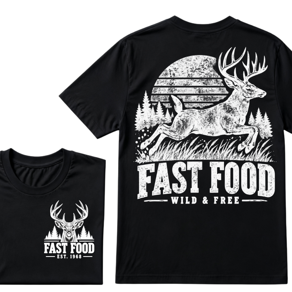 Fast Food Wild & Free Deer Hunting T-Shirt EST.Year Vintage Buck Hunter Forest Graphic Tee