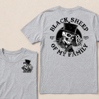Black Sheep Of My Family Vintage Top Hat Skeleton Skull EST.Year T-Shirt, Gothic Family Quote Graphic Tee