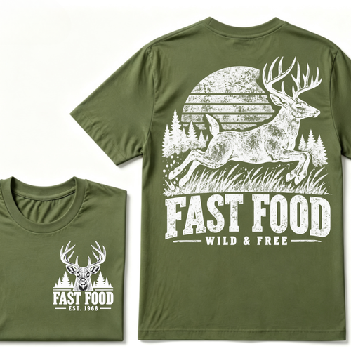 Fast Food Wild & Free Deer Hunting T-Shirt EST.Year Vintage Buck Hunter Forest Graphic Tee