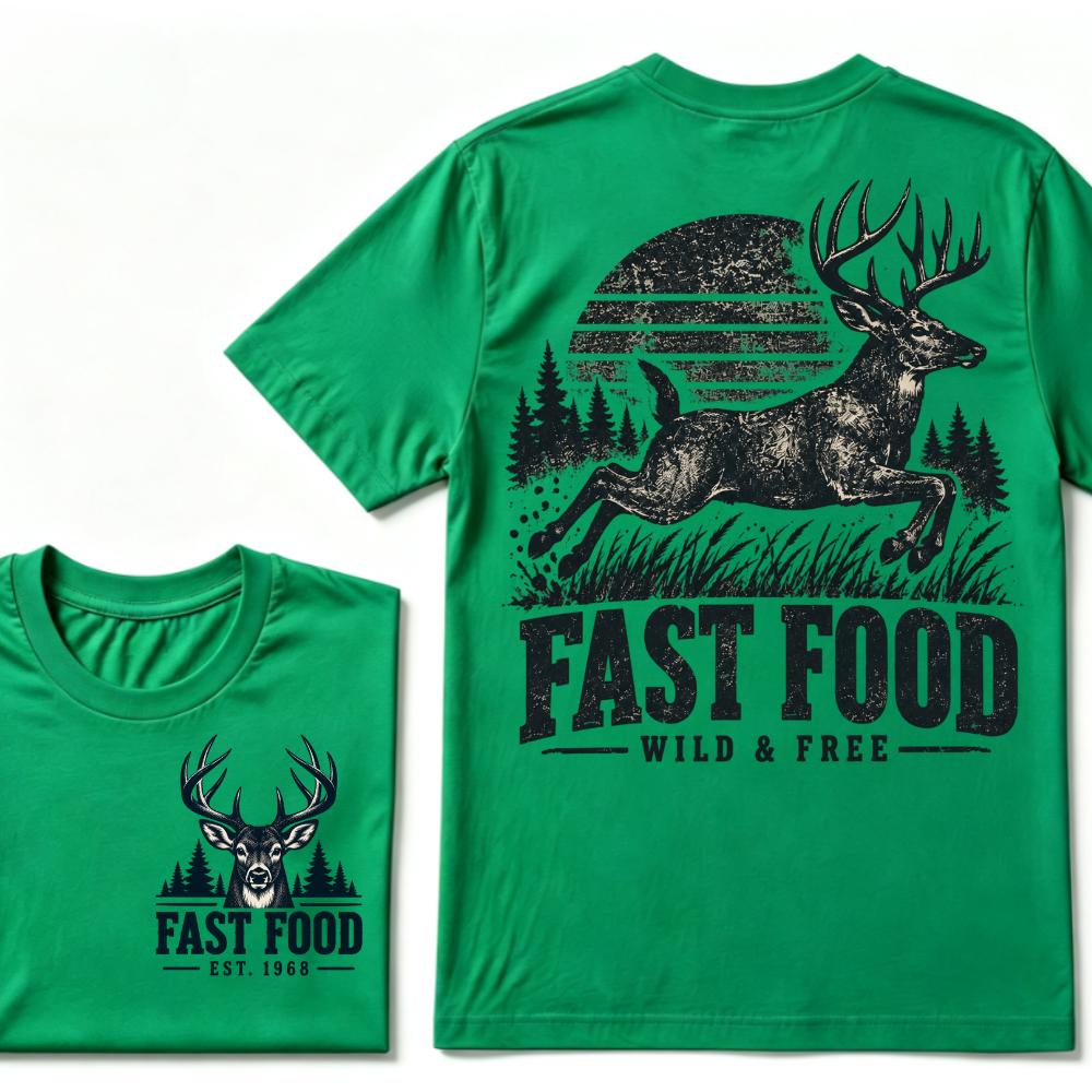 Fast Food Wild & Free Deer Hunting T-Shirt EST.Year Vintage Buck Hunter Forest Graphic Tee