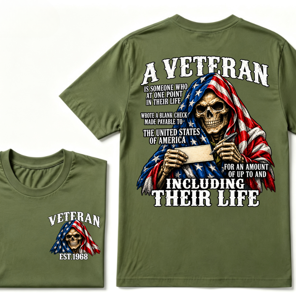A Veteran Is Someone Who Wrote A Blank Check To America Skull US Flag EST.Year T-Shirt, Veteran Memorial Gift Tee