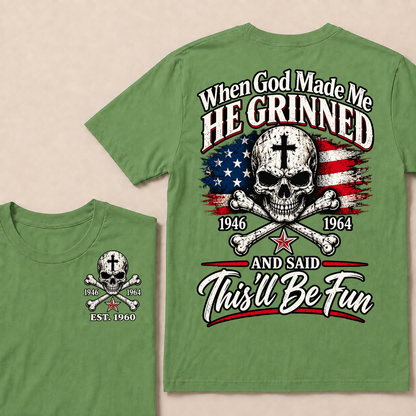 Custom EST Year When God Made Me He Grinned And Said This'll Be Fun 1946-1964 Boomer Skull American Flag T-Shirt