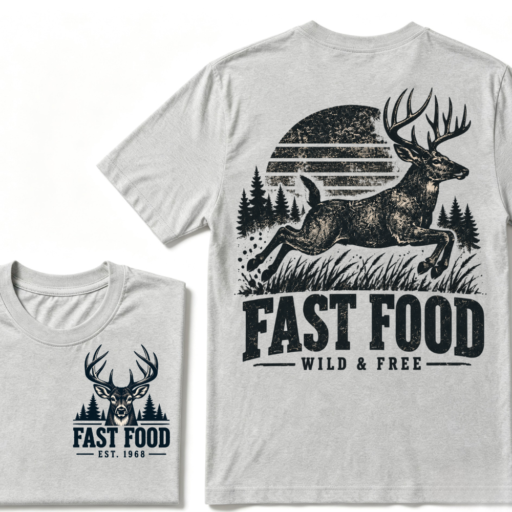 Fast Food Wild & Free Deer Hunting T-Shirt EST.Year Vintage Buck Hunter Forest Graphic Tee