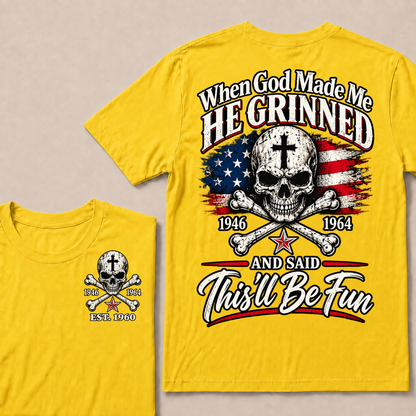 Custom EST Year When God Made Me He Grinned And Said This'll Be Fun 1946-1964 Boomer Skull American Flag T-Shirt