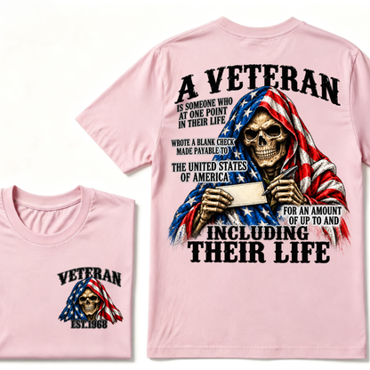 A Veteran Is Someone Who Wrote A Blank Check To America Skull US Flag EST.Year T-Shirt, Veteran Memorial Gift Tee