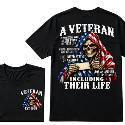 A Veteran Is Someone Who Wrote A Blank Check To America Skull US Flag EST.Year T-Shirt, Veteran Memorial Gift Tee