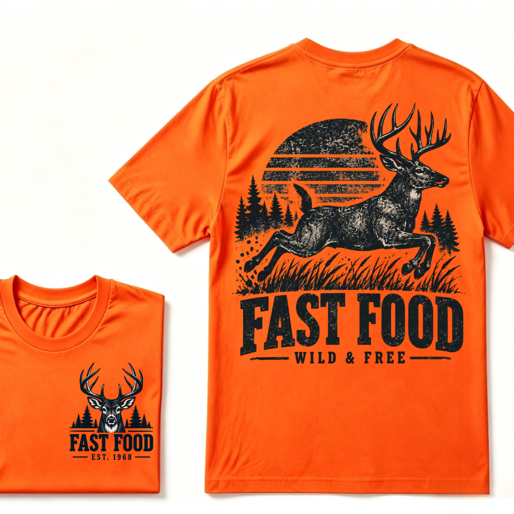 Fast Food Wild & Free Deer Hunting T-Shirt EST.Year Vintage Buck Hunter Forest Graphic Tee