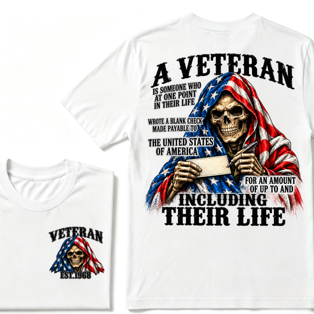 A Veteran Is Someone Who Wrote A Blank Check To America Skull US Flag EST.Year T-Shirt, Veteran Memorial Gift Tee
